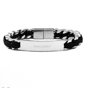 Saint Laurent Black Leather & Silver Plate Braided Bracelet